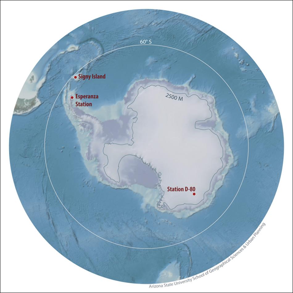 Das Gebiet der Antarktis umschliesst alles Land und Eis südlich von 60 °S. Die Standorte der drei Stationen mit den höchsten gemessenen Temperaturen (Signy, Esperanza und D-80) sind dargestellt, ebenso wie die 2500m Höhenlinie. (Abbildung: WMO)