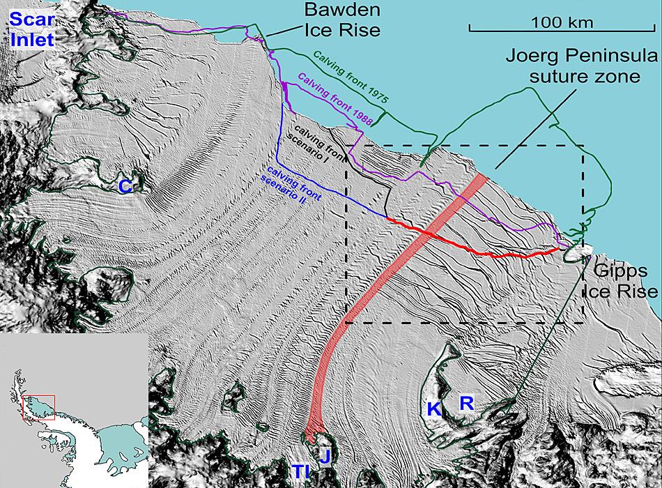 Diese Grafik zeigt eine Satellitenaufnahme vom 3. Dezember 2014. Das Larsen C-Schelfeis wird hier als graue Fläche dargestellt, welches im unteren Bildrand von den Bergen der Antarktischen Halbinsel umrandet wird. Der stetig wachsende Riss ist als rote Linie dargestellt. Sowie er sich einmal ganz durch das Eisschelf zieht, werden etwa zehn Prozent der Eisfläche als ein oder mehrere grosse Tafeleisberge wegbrechen. Aufnahme: NASA