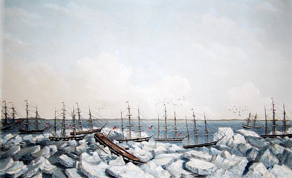 «Die Walfänger verlassen ihre Schiffe im Arktischen Ozean im September 1871» Die Schiffe sind: Monticello, Kohola, Eugenia, Julian, Awashonks Thom Dickason, Minerva, WM. Rotch, Victoria und Mary. Wainwright Inlet ist im Hintergrund zu sehen. © Ted and Ellie Congdon, Huntington Library